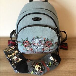 Ed Hardy Denim Backpack "Love Kills Slowly" Skull & Rose Tattoo, 2 Pr Socks NWT